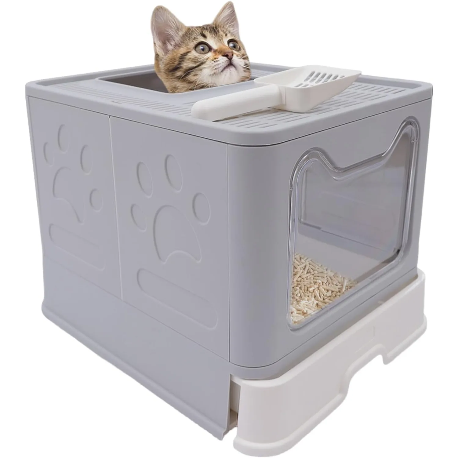 

Cat Litter Box with Scoop, Large Foldable Litter Box with Lid, Front Entry Top Exit Kitty Box, Odor Control, Easy to Clean