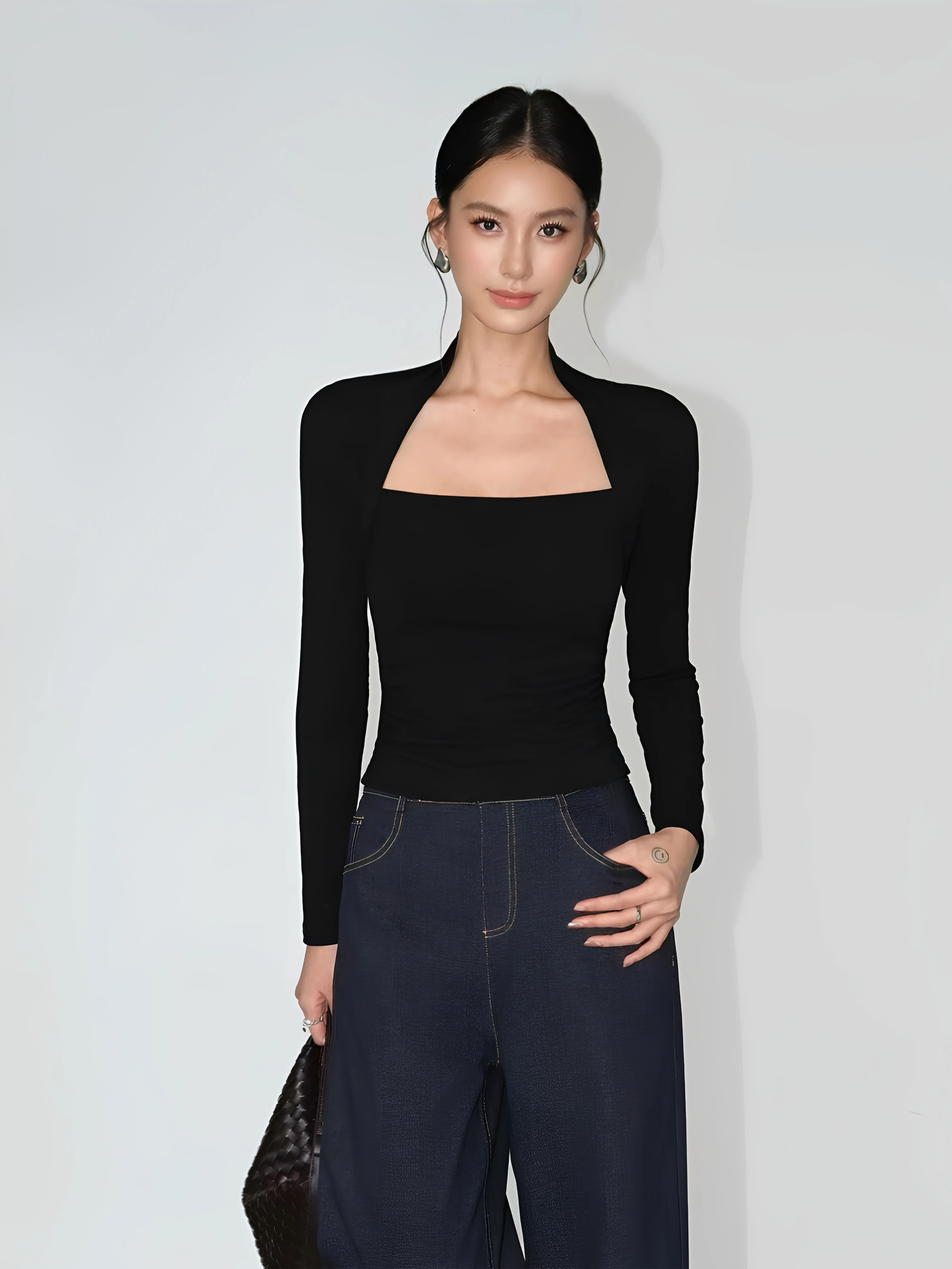 Spring Autumn 2026 Women's Slim Fit Long Sleeve T-Shirt Square Collar Base Shirt Sexy Shoulder Level Top Commute Style Korean...