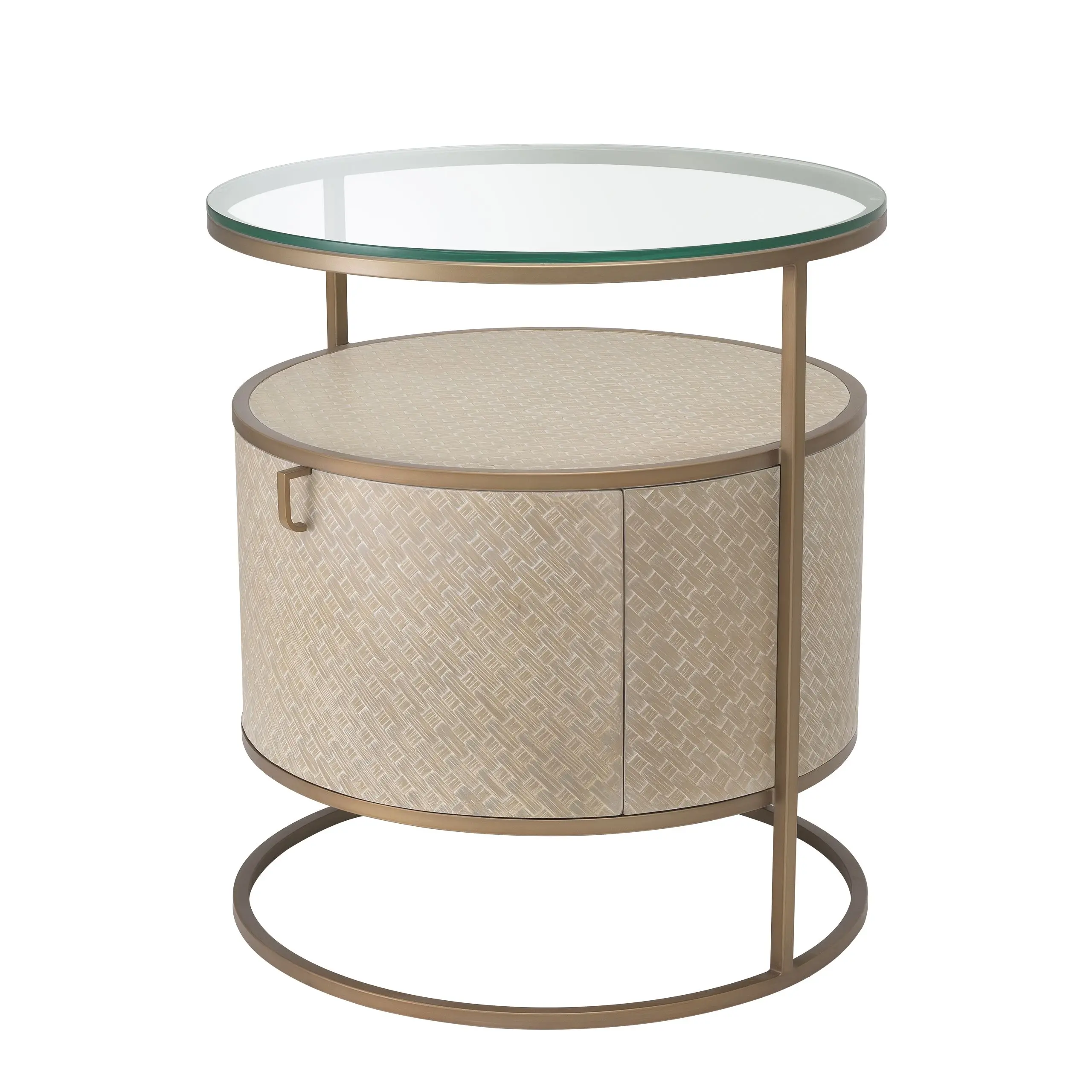 Bedroom furniture Clear glass tabletop Washed oak veneer Brushed brass frame One drawer Bedside table