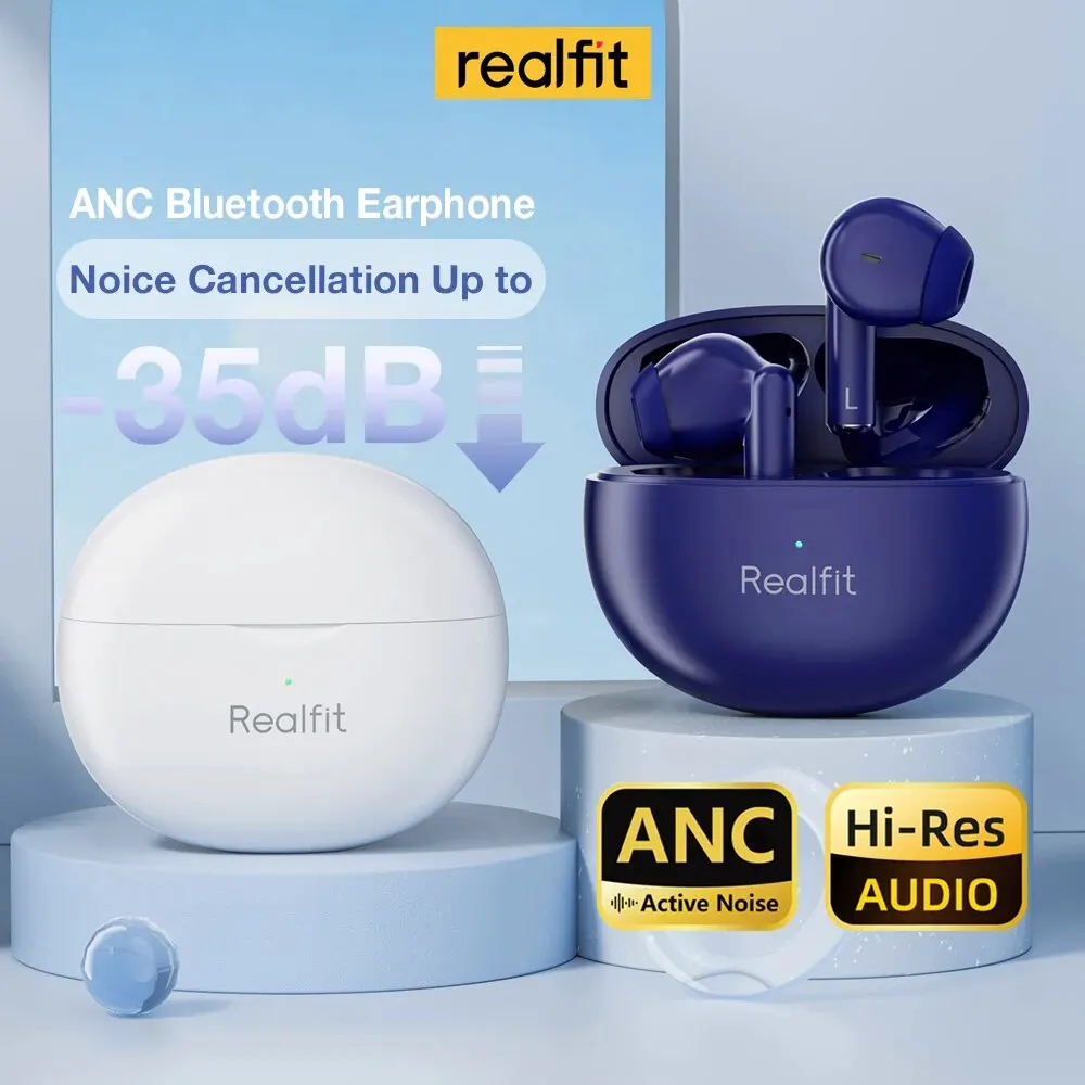 Realfit F2 Pro ANC Earbuds Bluetooth, earphone nirkabel Bass luar biasa Stereo HIFI panggilan ENC pembatalan Noice aktif untuk olahraga dan bermain game