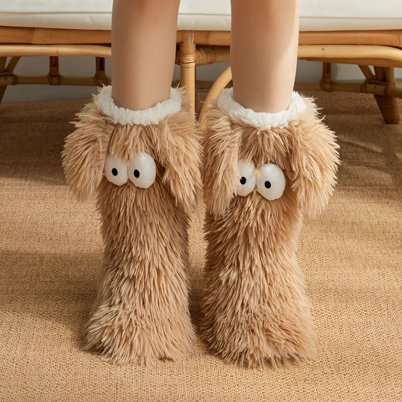 1 Pair Women Fuzzy Slipper Socks, Non‑Slip Thick Sole with Sherpa Lining, Warm Soft Winter House Socks, Cozy Christmas Gift