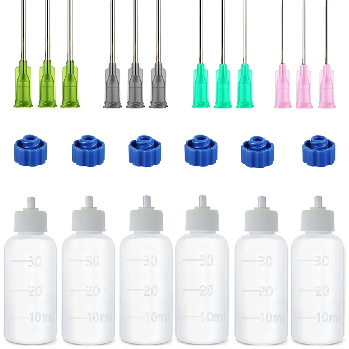 6 Pcs Glue Applicator Bottles, 30ml Plastic Squeezable Dropper Bottles with Blunt Needle Tip 14ga 16ga 18ga 20ga