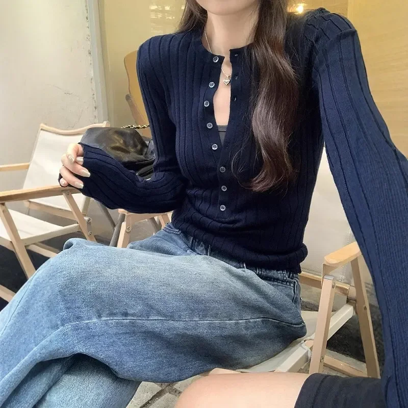 Korean Ribbed Knit Pullovers for Women Henley Neck Casual Long Sleeve Inner Layer Tops Woman Autumn Slim Fit Solid Color Jumpers