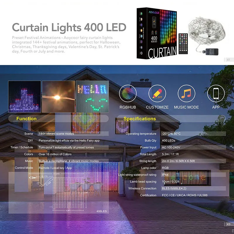 Smart Curtain String Light RGB 400 LEDs Bluetooth APP Control Christmas Fairy Light DIY Programmable Picture Display Room Decor