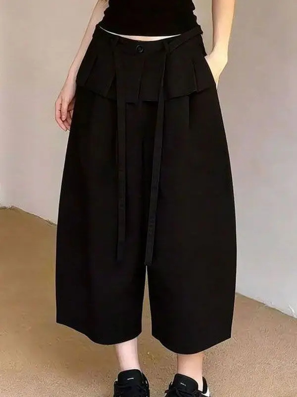 

Black Wide Leg Pants for plus Size Women Summer Style with Pleated Hemline High Waist Casual Trousers Cover Hip Korean Style