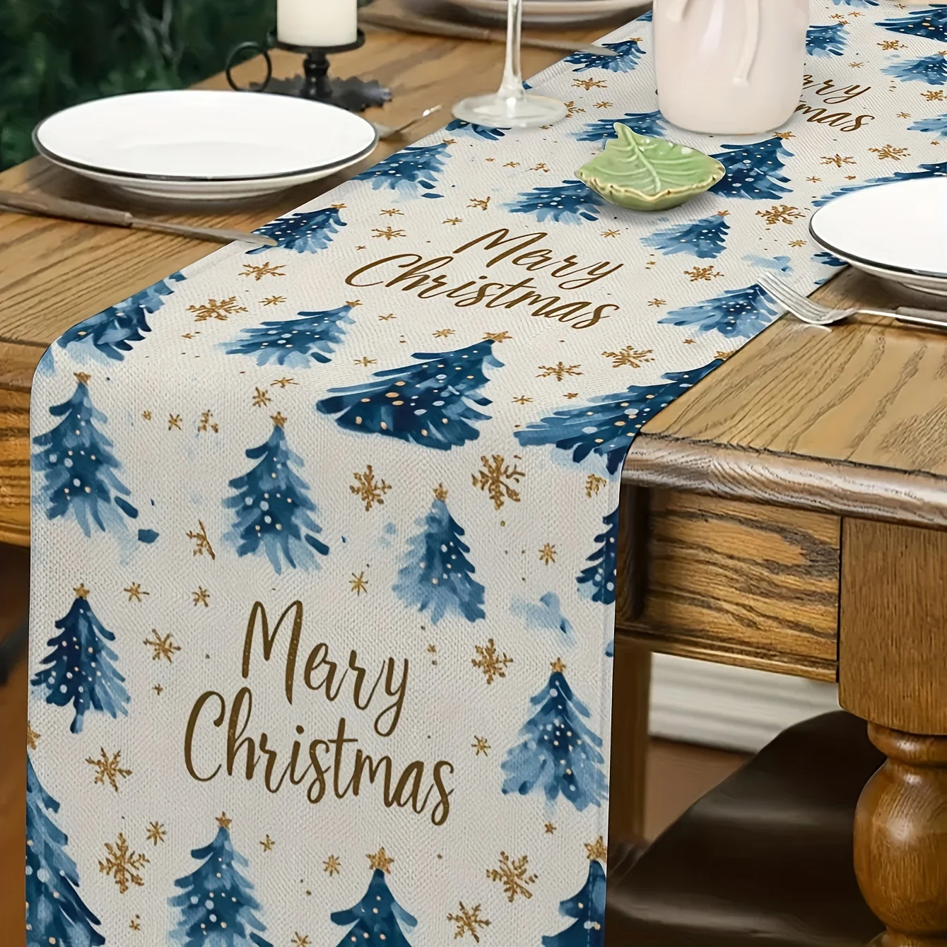 

1pc Christmas Table Runner Blue Christmas Tree Pattern with Golden Stars Snowflakes Holiday Dining Table Decor for Home Party