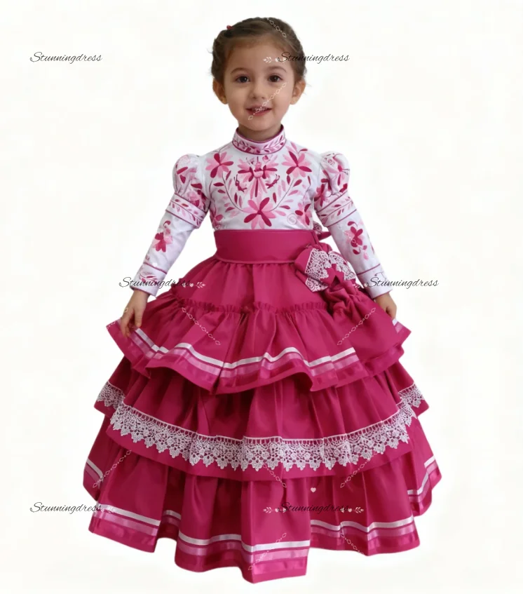 Vestido de Niña Escaramuza Charra con Flores Rosas 2026, Elegante Vestido Mexicano para Fiesta con Bordado, Manga Larga, Princesa, Cumpleaños Infantil