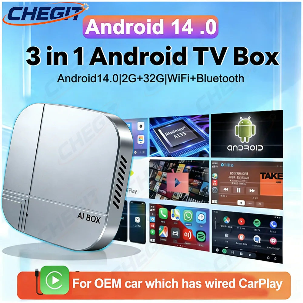 

3-в-1 НОВЫЙ Android 14.0 CarPlay AI Box, беспроводной адаптер CarPlay, Android Auto, FOTA-обновление, ТВ-бокс для YouTube и Netflix For VW Toyota Nissan Honda Ford Benz