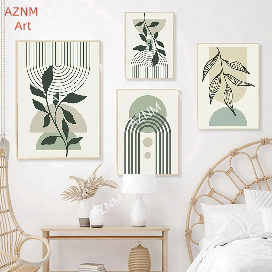 Sage Green Leaf Geometry Line Canvas Painting Matisse Abstract Boho Wall Art Poster And Prints For Living Room Home Wall Decor