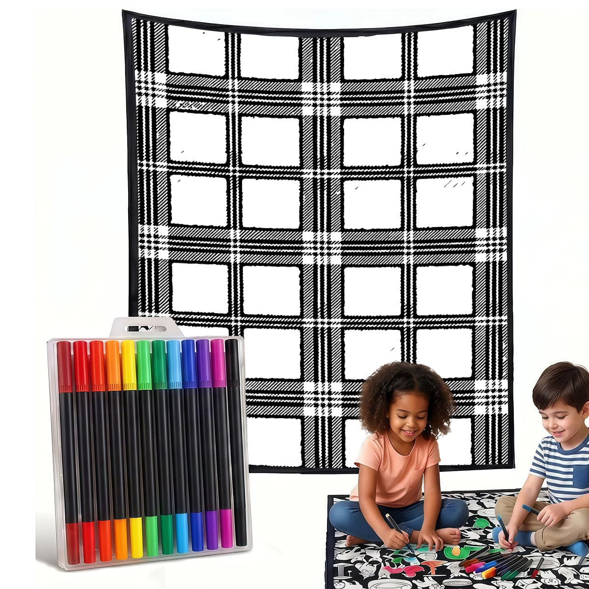 Red Green Cream Plaid DIY Cozy Coloring Blankets -24 Markers, Cozy Velvet Ideal For Daily Use Home Decor And Kids Spaces