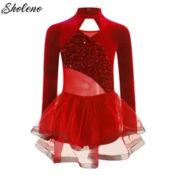 Kids Girls Ballet Dance Tutu Sleeveless Sequins Velvet Splice Ballerina Gymnastics Skating Leotards Stage Performance Dancewear