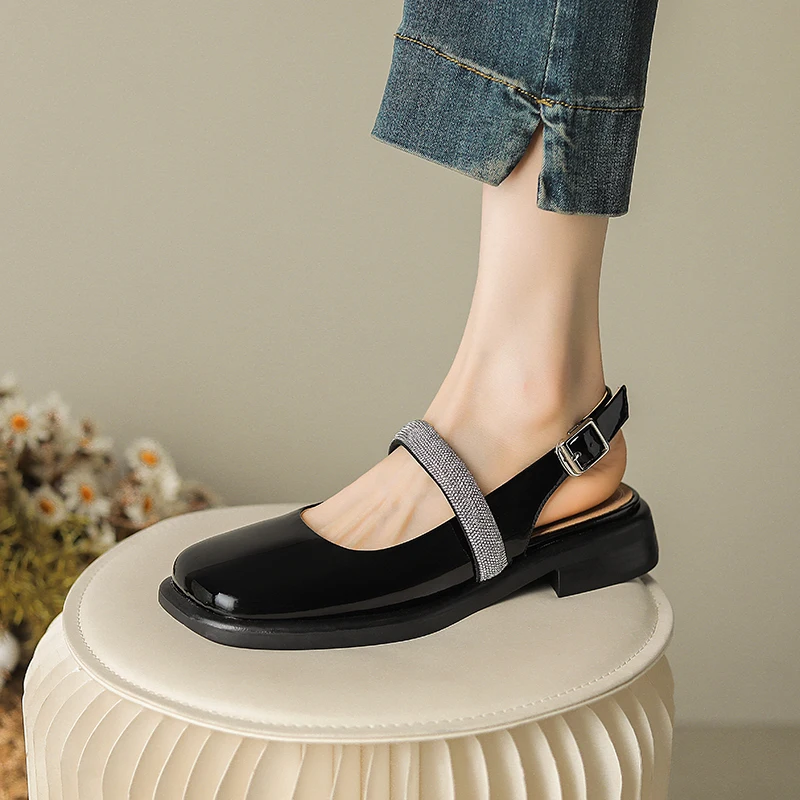 2024 New Summer Women Shoes Square Toe Flat with Women Sandals Leather Mary Janes Sandals Flat Mules