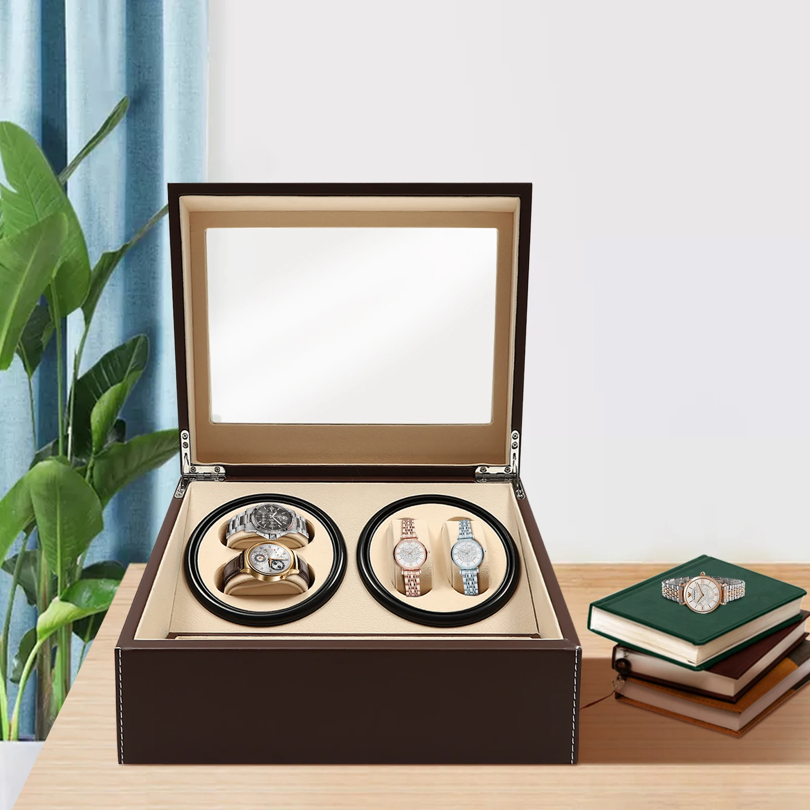 

4+6 Slots Watch Storage Box Automatic Rotation Display Leather Watch Winder Silent Rotation Storage Box Case Gift Brown