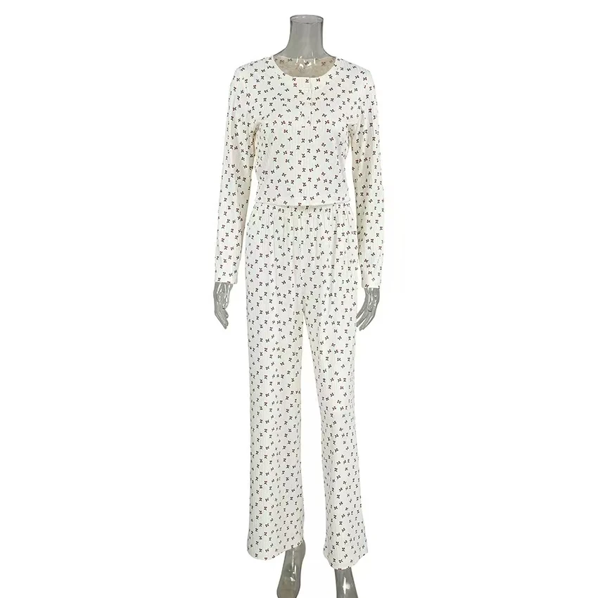 

Cherry Print Long Sve round Ne Home Clothes Set Women's Long Pants Comfortable Casual Sle Autumn Collection