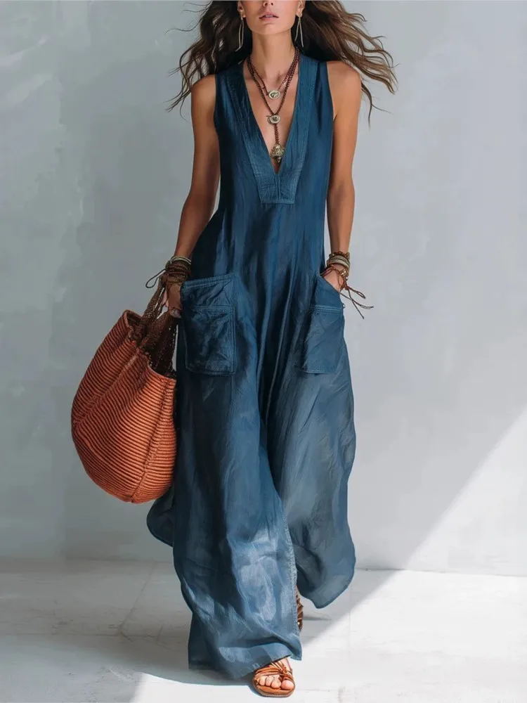 Women's Clothing Solid Color V-neck Loose Jumpsuit Simple Style All-match Long Pants Sleeveless Fashion Temperament Vacation