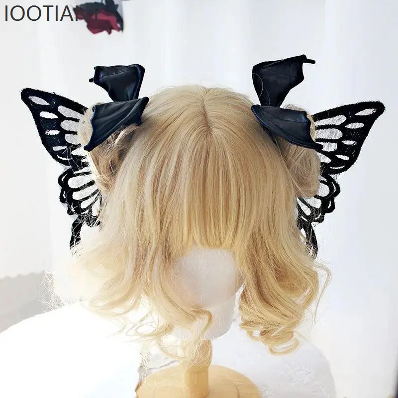 Butterfly Cosplay Gothic Lolita Angel Wings Hairpin Witch Demon Headdress Horn Embroidered Feather Hairpin Anime Accessories
