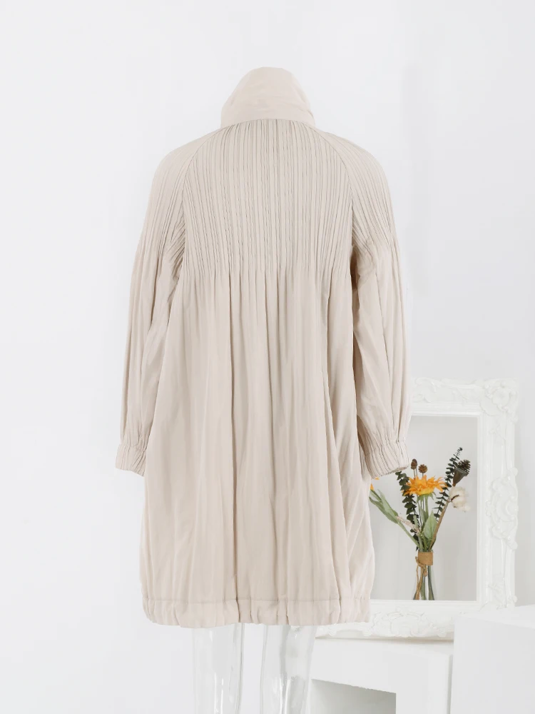 LANMREM Pleated Casual Winter Cotton Coat For Women Stand Collar Solid Color Mid Length Clothing Fashion 2024 New 32C385