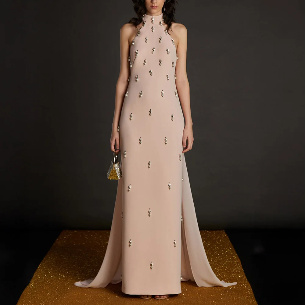 

Luxurious Evening Dress Crystal Pearls High Collar Sleeveless Column Evening Gowns for Women 2025 Straight Vintage Formal Dress