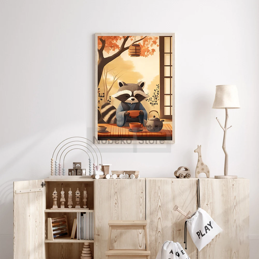 Cute Raccoon Illustration Posters Minimalist Animal Prints Canvas Painting Wall Art Pictures Home Room Whimsical Animal Decor