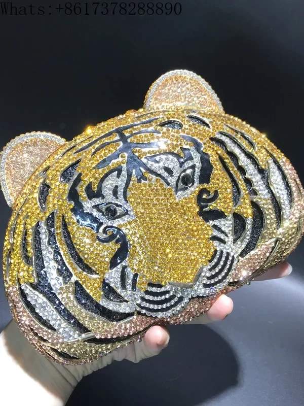 Gold Tiger Head Women's  Round Rhinestone  Metal Crystal Dinner Bag, Diamond Bag, Mobile Phone Bag, Women's Handbag