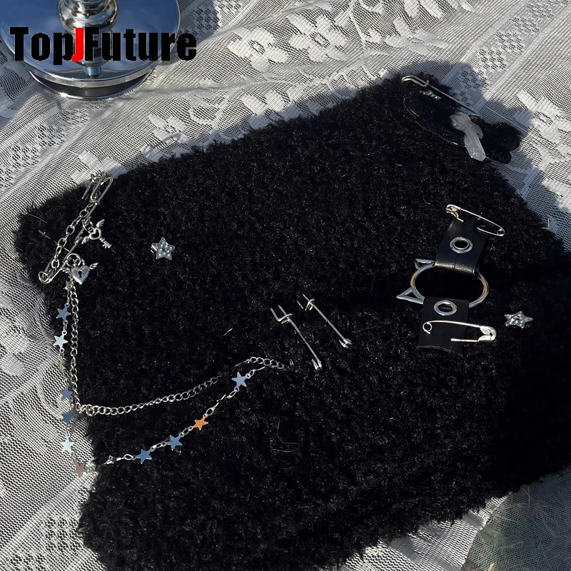 Harajuku Gothic Lolita Cat Ear Hat Women Punk Cross Chain Subculture Spice Girl Beanie Hat Y2K Girls Star Chain Knitted Ear hat