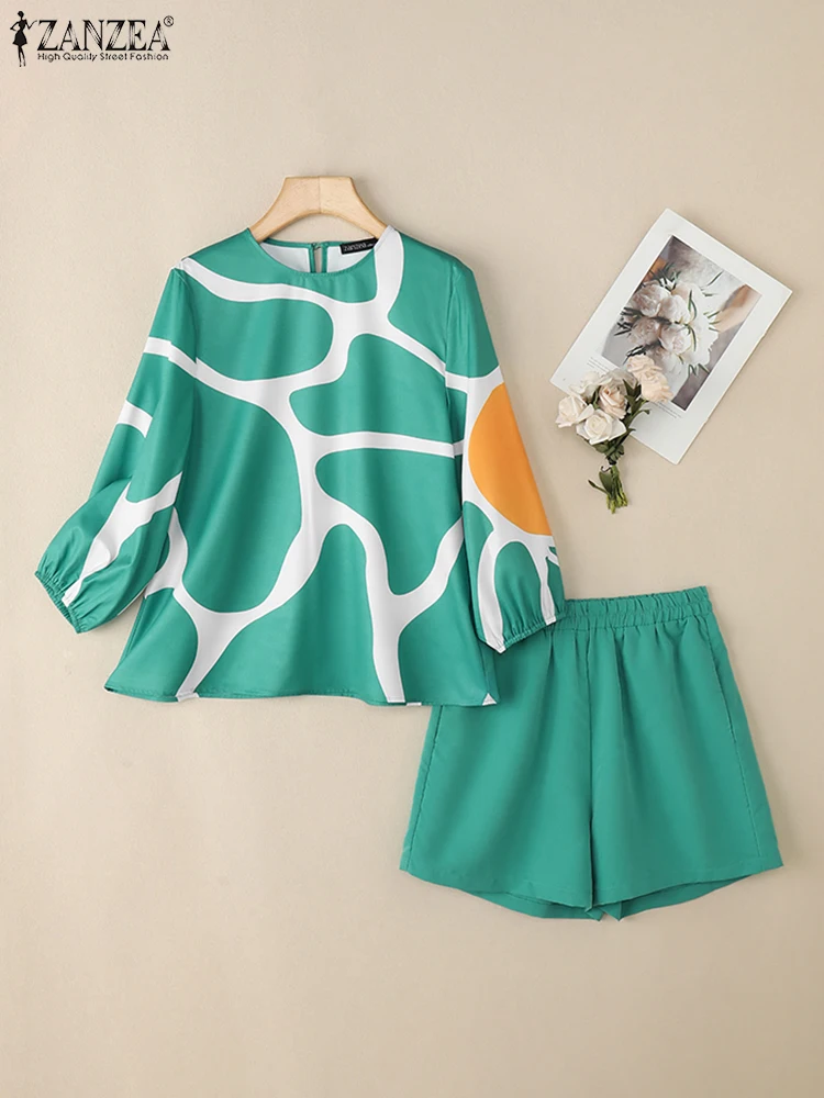 

ZANZEA 2025 Fashion Casual 2 Piece Short Sets Woman Elastic Waist Shorts Color-Blocked Printed Blouses Holiday 2PCS Suit Outfits