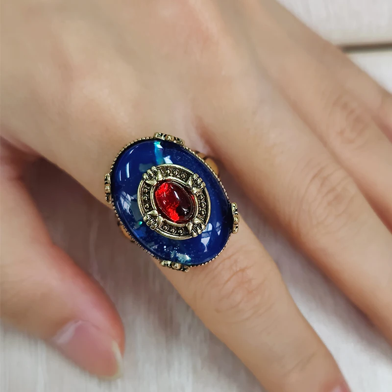 Vintage Deep Blue Geometric Design Open Rings