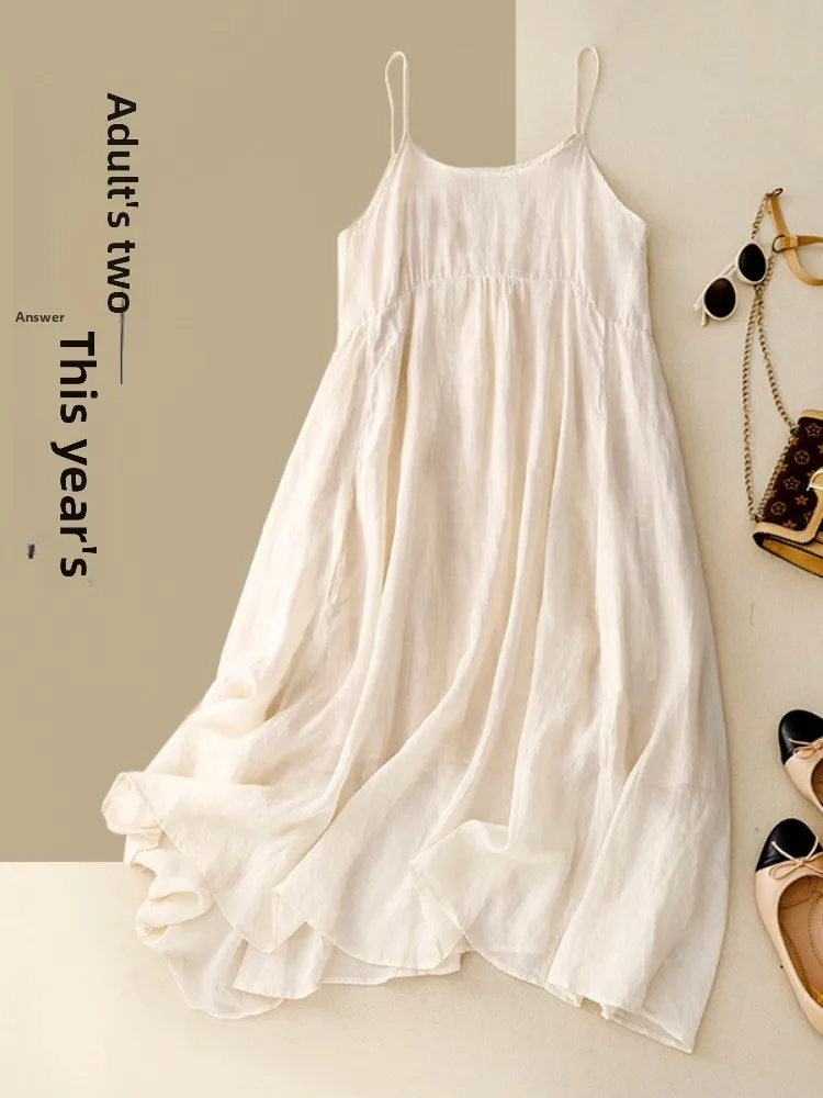 Artistic Large Size Double Layer Cotton Linen Sleeveless Vest Dress Women Summer Loose Flared Belly Concealing Slimming Gown