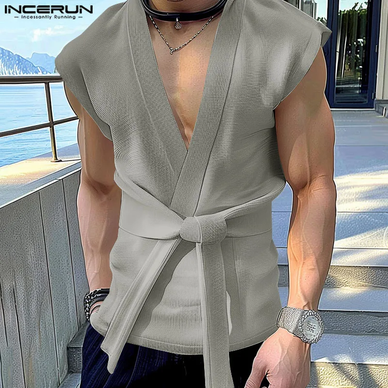 INCERUN Men Tank Tops Solid Color V Neck Sleeveless Lace Up Casual Male Vests Streetwear 2024 Summer Fashion Men Clothing S-5XL