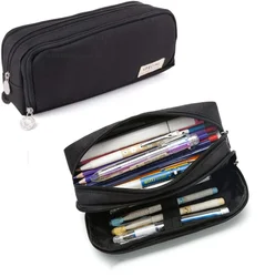 Black Pencil Case Large Space Storage 2 Compartment Pouch Double Side Opened Student Stationery Desk Organizer School Supplies
