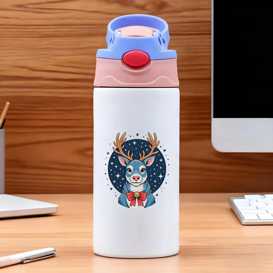 Термочашка из нержавеющей стали 304 + соломенная чашка с изображением северного оленя + фон звездного неба + розовые уши Рождественский подарок ограниченной серии