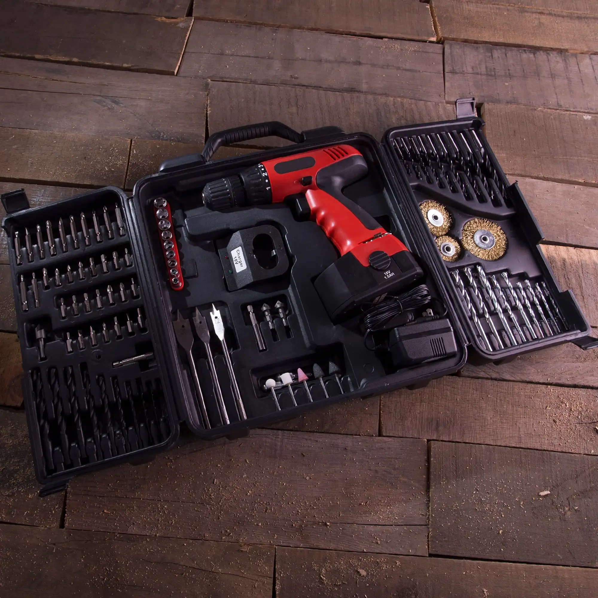 مجموعة مثقاب لاسلكية، 18 فولت، بطارية قابلة للشحن، 1.5 أمبير، عزم دوران 265 رطل، 0-600 دورة في الدقيقة، 89 قطعة