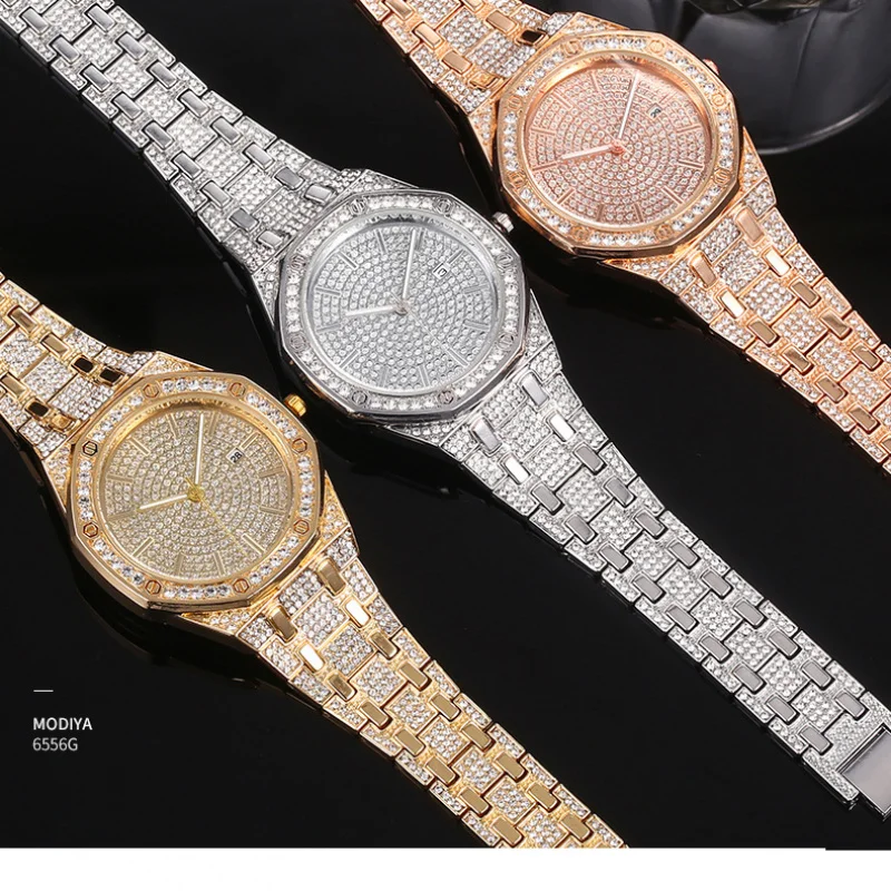 Luxury Men's Quartz Watch Diamond Encrusted Casual Male Business Wristwatch Alloy Steel Band Starry Sky Dial Calendar Function