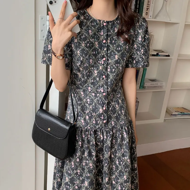 Chic Summer New Gentle round Ne Single Button Waist Inward Bubble Sve Floral Print Women's Dr Korean Sle High Waist...