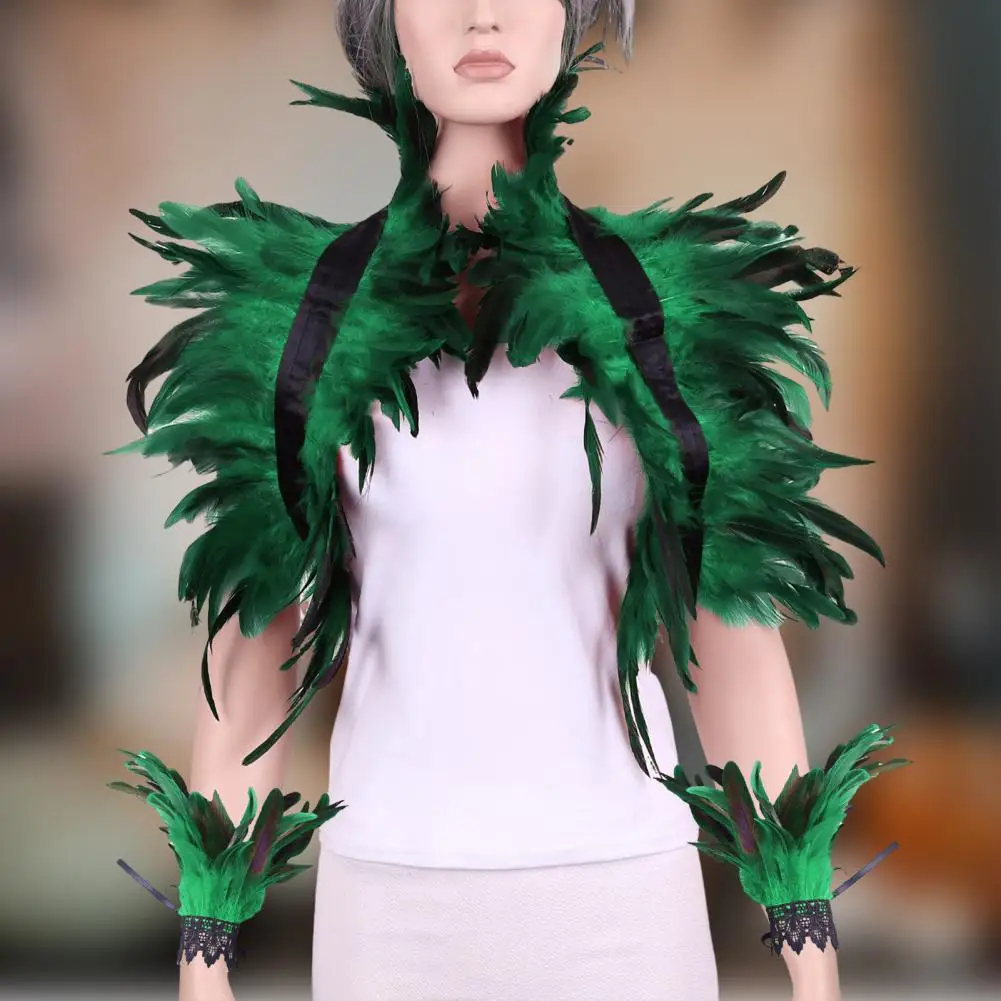 Mardi Gras Party Accessories Style Feather Shawl with Wrist Ring Lace Collar Set for Halloween Cosplay Unisex Model Stage Show