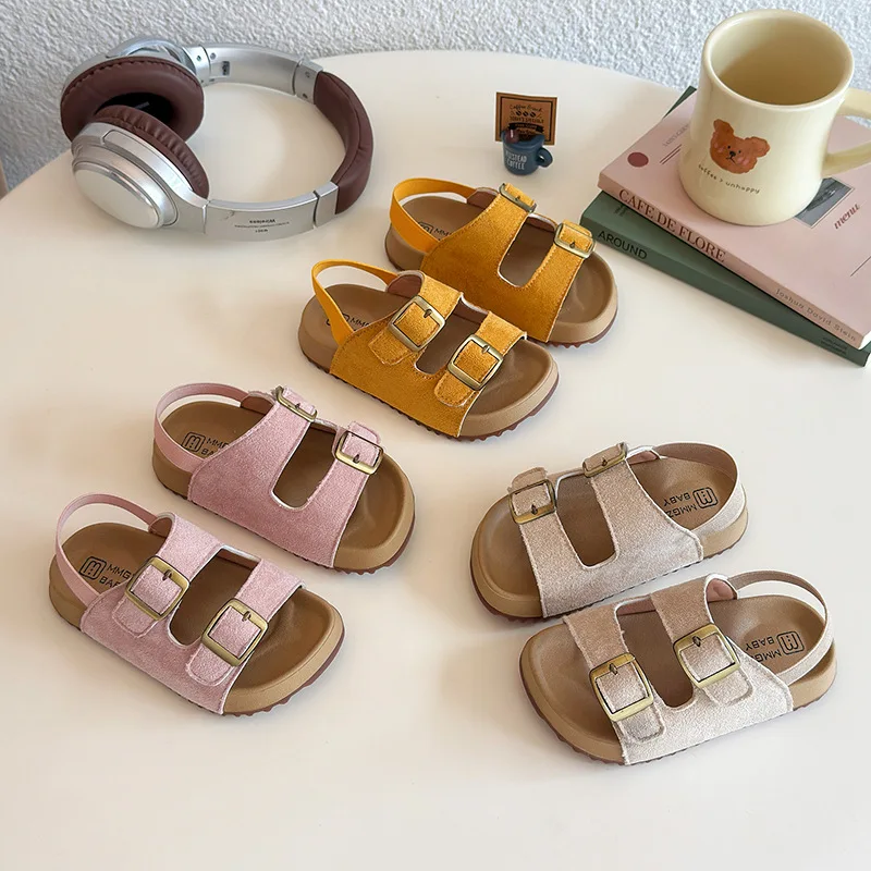 Suede Leather Kids Beach Shoes Child Sports Sandals Classic Antique Brass Buckle Children Sandals Girls Shoes Candy Color