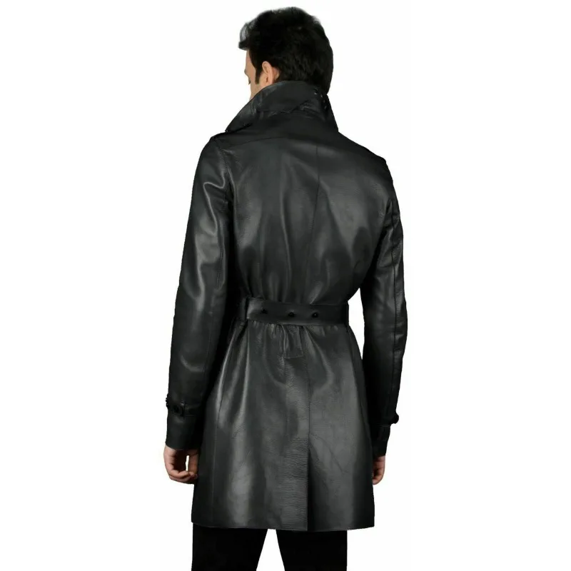 Men Genuine Lambskin Real Leather Trench Long Coat Button Belted Stylish Jacket