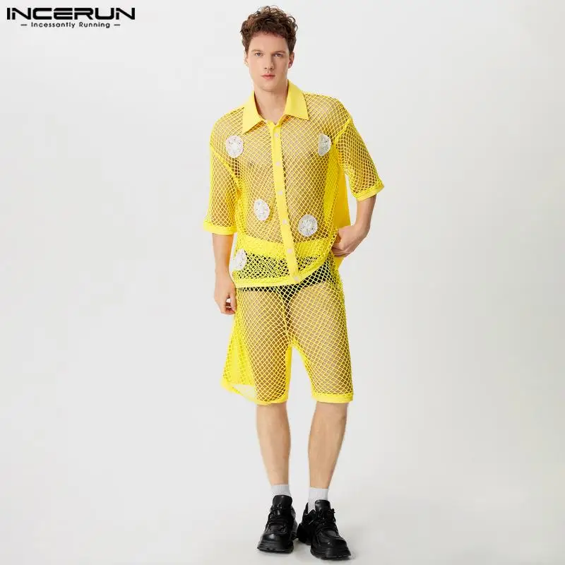 INCERUN 2024 Sexy Fashion Sets Men Mesh Hollow Flower Decoration Short Sleeved Shirt Shorts Casual Clubwear Two-piece Sets S-5XL