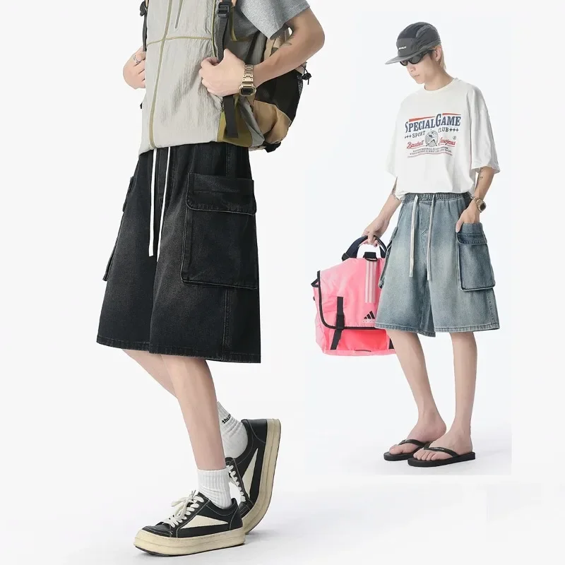 

Летние мужские джинсовые шорты, модные уличные шорты в стиле хип-хоп с большим карманом и эластичным поясом, рабочая одежда, брендовая мужская повседневная одежда