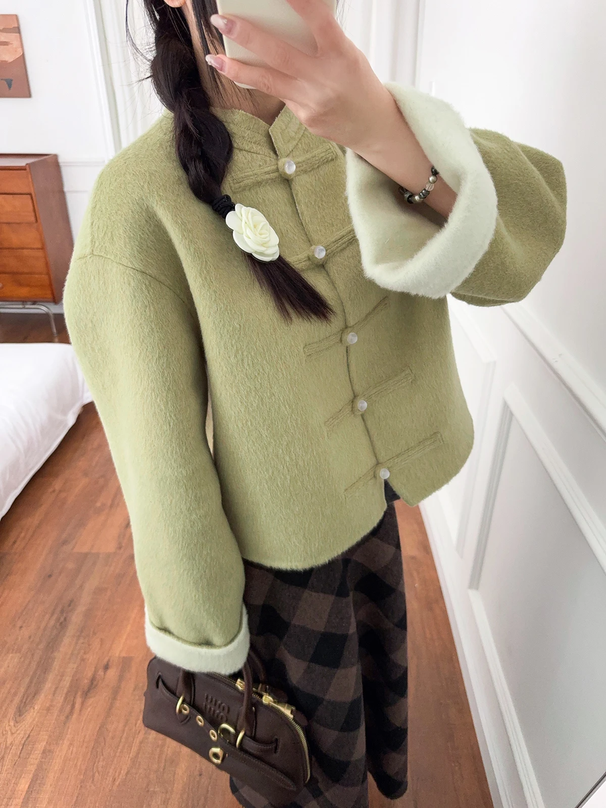 

Новое шерстяное пальто в китайском стиле с пуговицами, лоскутным дизайном и двусторонней шерстью, осенняя мода 2025 года, женский топ