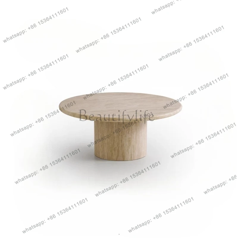 French retro wabi-sabi natural travertine coffee table small apartment round marble tea table