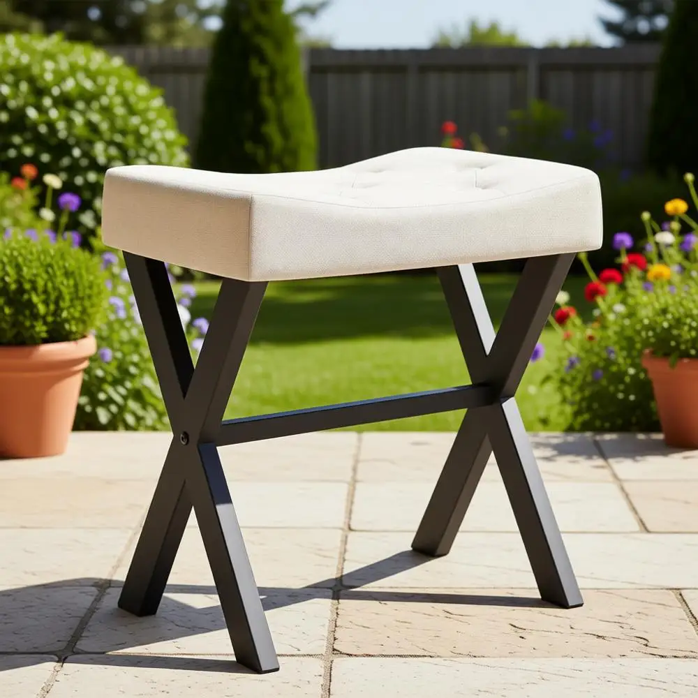 

U-Shaped Linen Vanity Stool with X-Leg, Square Makeup Chair, Ottoman Seat, Multi-Purpose Side Table for Bedroom or Living Room