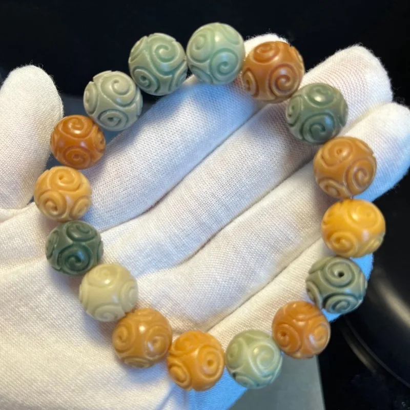 Natural multi-colored carved auspicious cloud , multicolored Bodhi root patterned bracelet, Buddhist beads fo