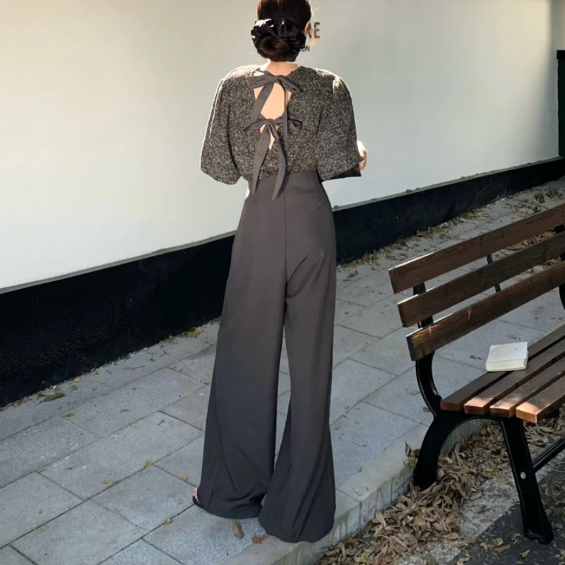 2024 Autumn New High Street Loose Casual Asymmetric Wide Leg Pants Women + Backless Bow Short Sleeve Sweater Two-piece Suit