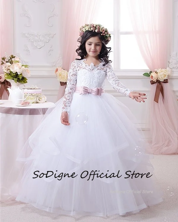 SoDigne A-line Tulle Flower Girl Dress Full Sleeves Ruffles Appliques Skirt Girls Lace Party Dresses Long Customized Kids Gown