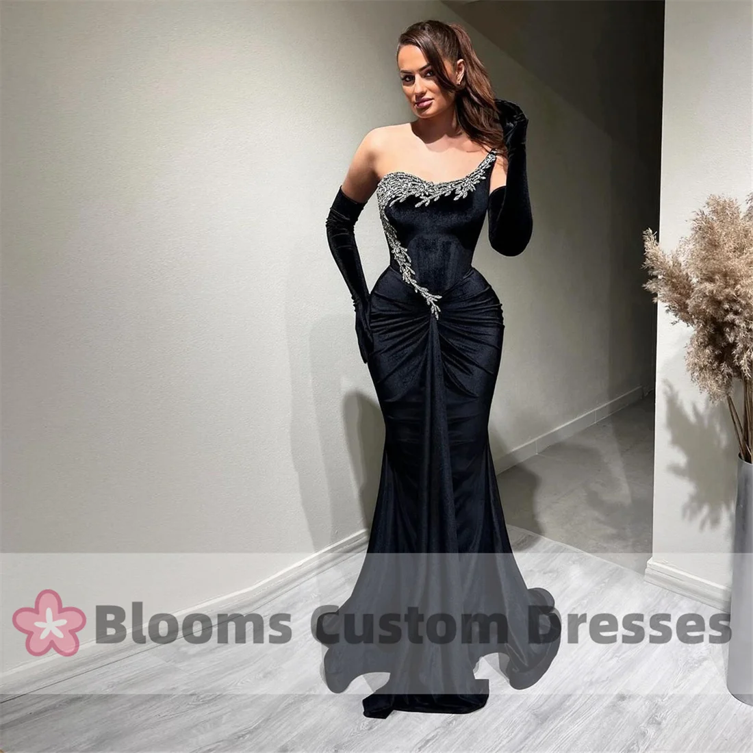 Blooms Black Velour Mermaid Customized Evening Dresses Beaded With Gloves Formal Occasion Long Backless Wedding Guest Gown