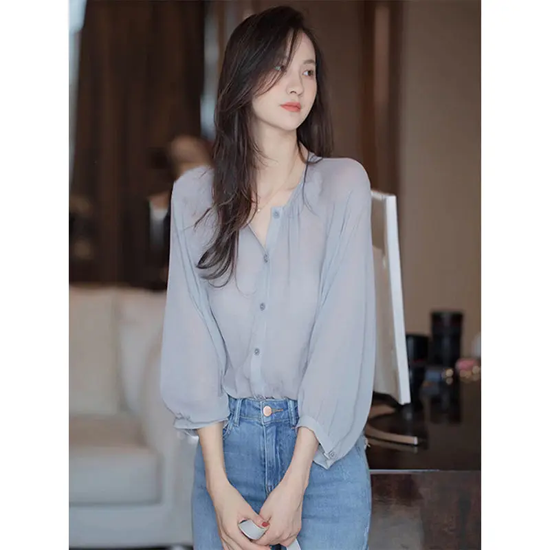 Women Summer Simplicity Loose Office Lady Solid Color V-neck 3/4 Sleeve Chiffon Shirts Ladies Fashion All-match Appear Thin Tops