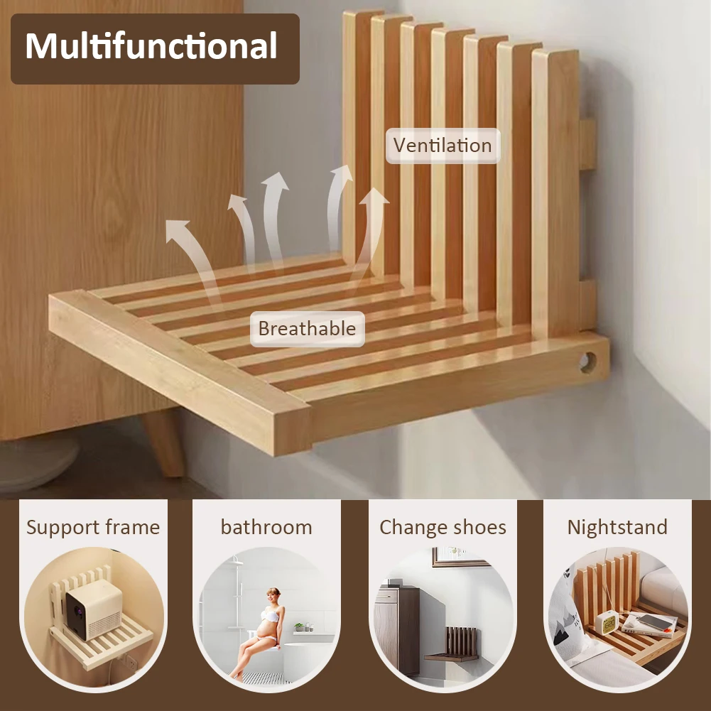 

Wooden Shower Bench Wall Mounted Shoe Changing Stool Multifunction Invisible Entryway Chair for Bathing Saving Space Tool