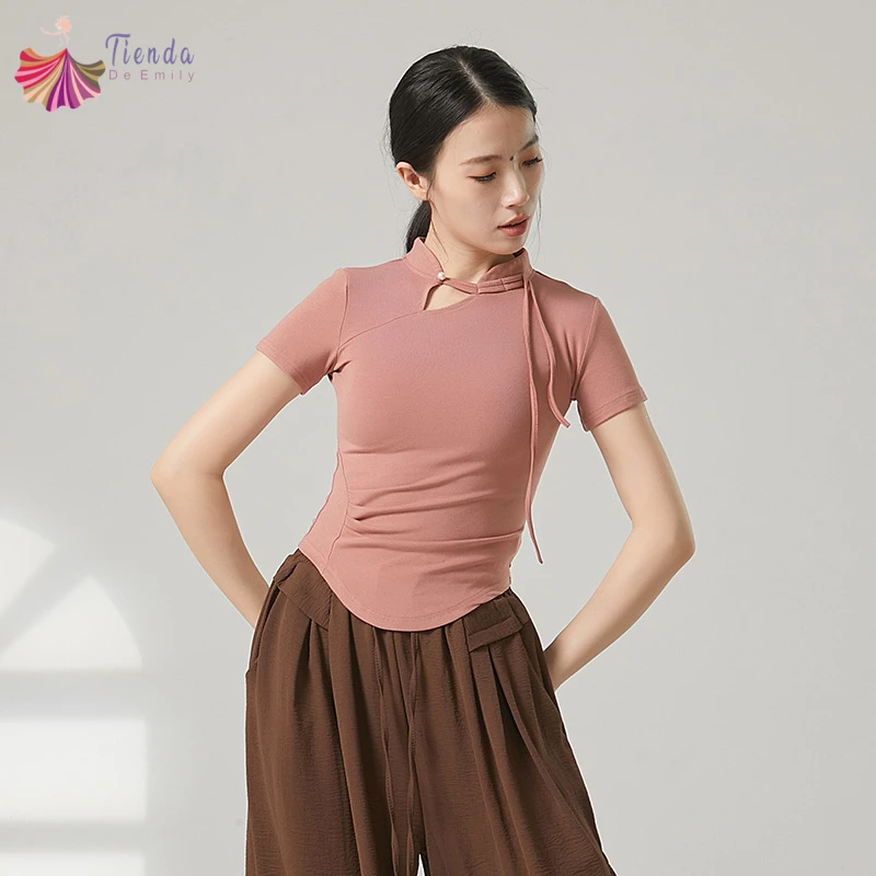 Classical Dance Top Women Short/Thumb Finger Sleeve Chinese Cheongsam Collar Practice Shirt Side Ruched Hanfu Performance Blouse