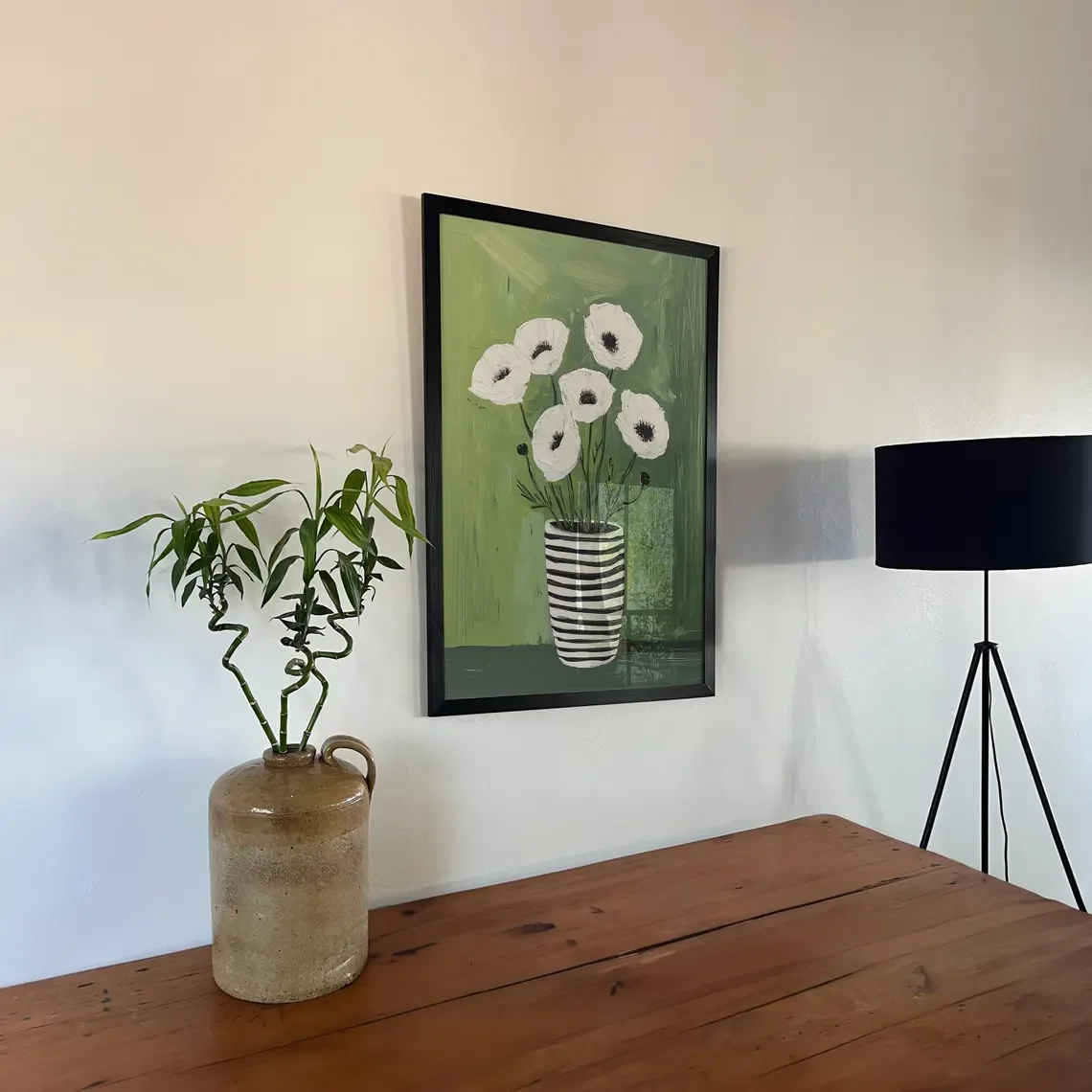 1PC frameless decorative art print,Retro White Poppies in Striped Vase WALL ART PRINT DECOR – Textured Green Background Floral P
